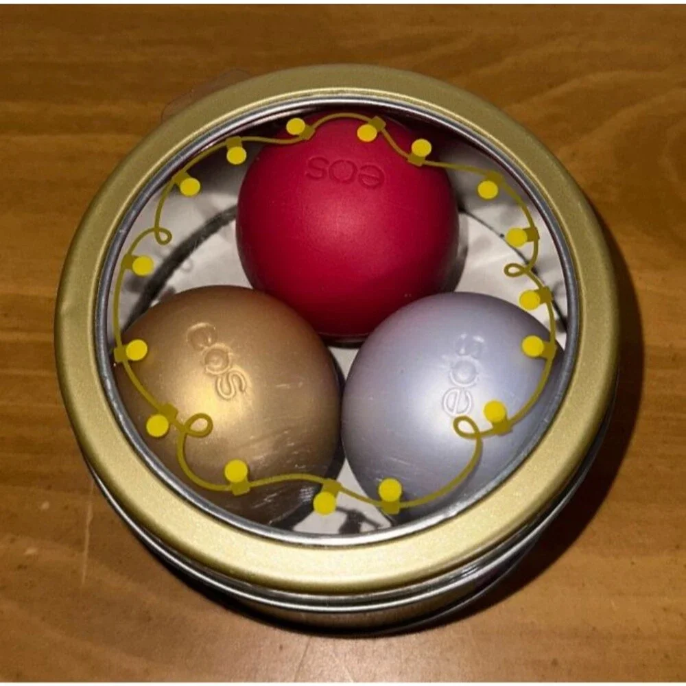 EOS Holiday Lip Balm Trio Tin Snow, Fireside Chai, Pomegranate LTD EDTN *SEALED